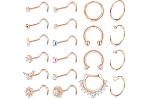 JeweBella 20 Piezas 20G Piercing Nariz Acero Quirurgico Hipoalergénicos Piercing Nariz Studs CZ Piercing Nariz Aro Piercing Septum Nariz Piercing Joyería para Mujer Hombre Plata/Oro/Oro Rosa/Negro
