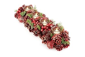 ‎COM-FOUR com-four® Adventskranz länglich, Kerzenständer Weihnachten für 4 Kerzen, Kerzenhalter, Adventsgesteck, XL Adventskerzenhalter, Kerzenleiste als Tischdeko (Adventsgesteck rote Zapfen- 4 Kerzen)