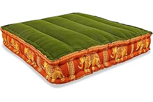 Livasia Coussin d’Assise Soie thaï, Coussin de Sol intérieur/extérieur, méditation Yoga, Chaise Meuble palettes, Coussin surpiqué pour Chaise Banc 50x50x10cm (Vert/Orange/Éléphants Soie)