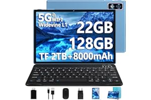 DEERTIME Nouvelle 2026 Tablette 10 Pouces Android 14 avec 22Go RAM+128Go ROM(TF/2To),Tablette Tactile avec 5G+2.4G WiFi, Octa-Core 2.0Ghz, 8000mAh, GMS, Widevine L1,BT5.0,Tablettes avec Clavier Souris - Bleu