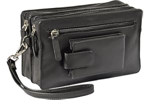 HOUSE OF LEATHER Mens Real Leather BLACK Wrist Clutch Bag Wristlet Pouch Travel Mobile Money Bag BAHAMAS