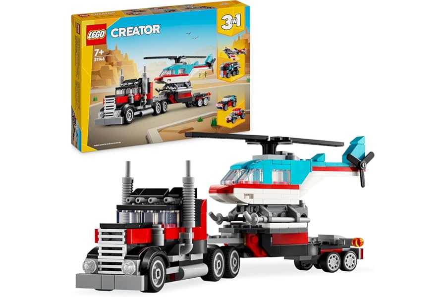 LEGO Creator 31146 3 in 1 Helicopter Truck, Games for Children and Girls from 7 Years, Rebuildable Toy Truck in Plane, Tanker or Racing Car and SUV, Birthday Gift Idea
