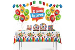 ALIZA PREMIUM PARTY SUPPLIES Building Block Birthday Party Supplies Set | Baby Boy Toddler Kids Birthday Brick Decorations – Cups Plates Signs Napkins Balloons Tablecloth Utensils – Decorations for Boys and Girls – Serves 25