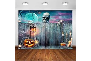 Avezano Telón de fondo de Halloween, esqueleto calabaza, farol de madera, pared espeluznante, fondo de fotografía nocturna, esqueleto, fantasma, decoración de fiesta de Halloween (7 x 5 pies)