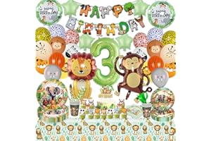 SYLPHLIKEONIRIC Waldtiere Geburtstag Deko 3 Jahre Kinder Junge Mädchen, Dschungel Geburtstag Dekoration Party Set, Safari Geburtstagsdeko Banner Teller Tasse Servietten Tischdecke Stroh(Ballon Geschirr Tiere 3 Jahre)