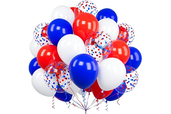 Ousuga 60 Pièces Ballons Bleu Rouge et Blanc, 12 Pouces Bleu Royal Rouge Confettis Latex Hélium Ballon pour Filles Garçons Enfant Fête Anniversaire Baby Shower Mariage Baptême Festival Diplômé Décor