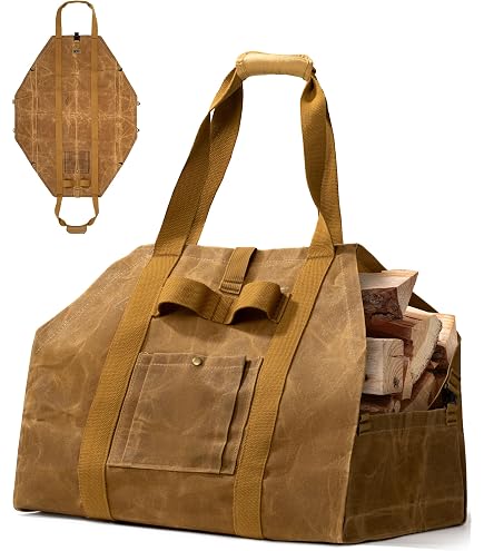 Borsa Porta Legna Extra Large In Tela Cerata, 61x48x30 Cm, Impermeabile, Con Manici Imbottiti E Tasca, Per Camino E Campeggio