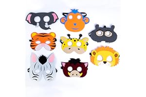 Toyseum 8 x Kids Animal Masks, for Safari or Jungle Themed Parties, Soft Comfortable Felt Masks with Elastic Strap for Boys & Girls, Fancy Dress Prop Accessories for School Events, Pack of 8