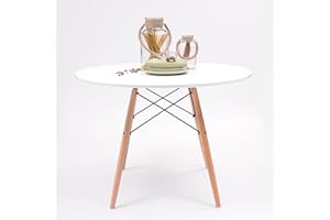 Homely | Mesa de Comedor o Cocina Redonda-Tower | Tapa Lacada Blanca, Patas Madera de Haya y Refuerzos Metálicos en Negro | Diámetro 100 cm