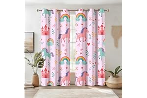 NETMEO 2 Panels Unicorn Blackout Curtains for Nursery & Toddler Room | Light Blocking Cartoon Rainbow Drapes | Cute Girls Kids Bedroom Decor