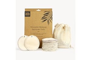Wild & Stone | 16 tamponi per la rimozione del trucco riutilizzabili ecologici | borsa per la biancheria lavabile | 100% cotone organico | tamponi di cotone riutilizzabili per tutti i tipi di pelle