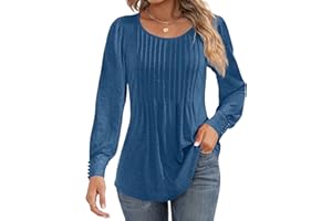 Cuptacc Tee Shirt Manche Longue Femme Col Rond Plissé Puff Sleeve Pull Femme Boutonnés Elegant