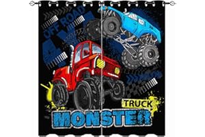 ANHOPE YUANZU Truck Curtains - Kids Boys Blue Red Monster Truck Print Pattern Eyelet Blackout Thermal Insulated & Room Darkening Window Drapes for Nursery Baby Bedroom Playroom 2 Panels W117cm x D137cm