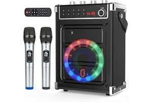 JYX Karaoke-Maschine mit 2 UHF-Funkmikrofonen, Bluetooth-Lautsprecher mit Bass-/Höhen-Einstellung und LED-Licht, PA-Systemunterstützung TWS, AUX in, FM, Rec, Versorgung für Party/Erwachsene/Kinder -