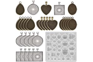 HAKKIN 30 Pieces Pendant Trays for DIY Making, 5 Styles Blank Round & Square & Heart & Teardrop & Oval Pendant Trays and 1PCS Resin Mold for Necklaces Bracelet Keyring Crafting DIY Gift Making