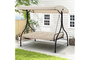 UNIONLINE 3 Seater Garden Swing Seat Bed, Convertible Outdoor Hammock Bench Chair with Adjustable Canopy & Cushion, Steel Frame Porch Swing Chair Lounger for For Garden/Balcony/Terrace/Patio(Beige)