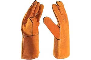 Indrnif Grillhandschuhe Kaminhandschuhe Hitzebeständig Grill Handschuhe Wildleder Grillhandschuhe aus Rindspaltleder Ofenhandschuhe für Grill, Grillplatz, Mikrowelle, Schweißhandschuhe (Braun 35cm)