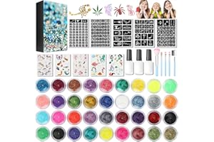 ZHYLUO Kit Tatuajes Purpurina Temporales Niños 36 Colores Brillo Tatuaje de Maquillaje Niña,con 200 Plantillas,5 Pinceles,3 Pegamentos,5 Pegatinas que Brillan en la Oscuridad para Fiestas,Cumpleaños,Carnaval