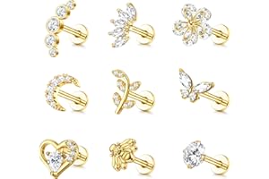 ADRAMATA 9Pcs 16G Cartilage Boucles d'Oreilles pour Femmes Tragus Helix Boucles d'Oreilles Filetage Interne Labret CZ Boucles d'Oreilles Papillon Lune Or Argent Boucles d'Oreilles Piercing pour Femme