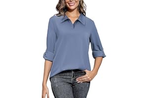 MINGGANN Bluzka damska z dekoltem V i rękawem 3/4 Elegancka Casualowa Góra z Możliwością Podwinięcia Rękawów