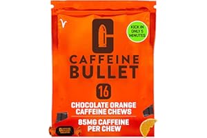 Caffeine Bullet Energy Chews - Chocolate Orange. 16 * 85mg - Faster Kick Than Pills, Gels & Gum. Sport Science for Running, Cycling, Gaming. A Pre Workout Endurance Boost.