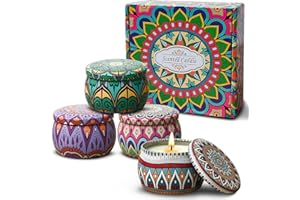 VETOUR Soy Scented Candles Gift:Pack of 4 Gardenia Jasmine Lavender Osmanthus 4.4OZ 30 * 4 Hours Aromatherapy Tin Can Candles Set Relaxing Stress Aroma Jar for Women Home Bath Yoga(Bohemian Retro)