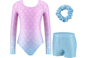 Arshiner Girls 3 Piece Gymnastics Outfits Long Sleeve Leotards with Shorts Hairband Children Sparkly Unitards Ballet Dancing Unitards 3-10 Years