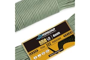 FISHLUND Paracord 550 lb, 7 Strand Type III Paracord Rope 50ft, High Strength Nylon Parachute Cord for Camping, Survival, Tactical and Hiking, Olive Green