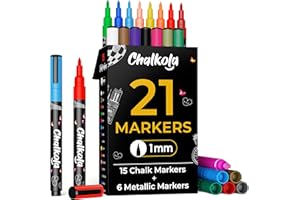 Chalkola Rotuladores de Tiza Extra Finos para Pizarra y Cristal (Pack de 21, Punta 1mm) | Marcadores para Ventanas, Rotuladores de Tiza Líquida para Pizarra Blanca, Coche, Calendario | Borrables