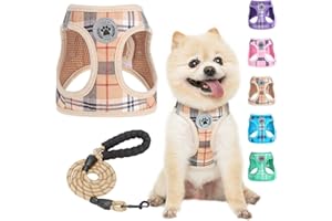 BEAUTYZOO Step in No Chock No Pull Soft Mesh Dog Harness and Leash Set, Reflective for Extra-Small/Small Puppy Dogs and Cats, Plaid Dog Vest Harness for XS/S Pets, Beige