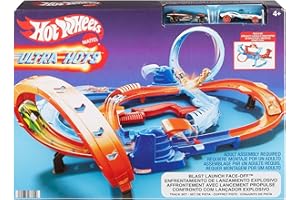 Hot Wheels Ultra Hots, Conjunto de pista de carreras de juguete con 2 vehículos a escala 1:64, con acrobacias y enfrentamientos entre vehículos y 2 lanzadores activados por los más pequeños, HXR71