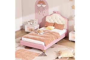 Ctastay Kinderbett Polsterbett 90x200 cm mit LED- Licht, Bett Einzelbett Mädchenbett mit Kopfteil, Bettgestell mit Schleifen & Lattenrost, PU, Rosa (Ohne Matratze)