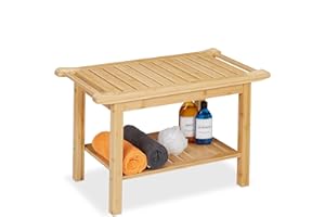 Relaxdays Bamboo Bathroom Bench, Extra Shelf & Handles, Versatile, HxWxD: 45 x 75 x 40.5 cm, Seat for 2 Persons, Natural
