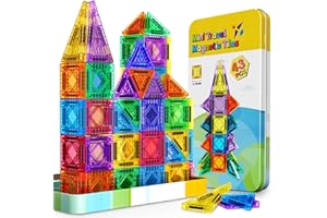 WOOTOYZ 43 Pcs Mini Travel Magnetic Tiles Set, Toys for 3 4 5 6 Year Old Boys Girls, Plane Activities for Kids, Toddlers Learning Toys Magnetic Blocks Building Travel Toys Birthday Gift for Kids