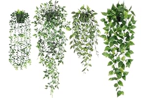 Koksi 4-Pack Artificial Hanging Plant with Pots- Realistic Green Plants Flowers - Indoor & Outdoor Faux Greenery for Home Decoration, Living Room, Bedroom (4-Pack Hanging)