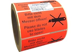 ZEGA-LABELS Warnetiketten auf Rolle - Bitte nicht mit dem Messer öffnen (mit Cutter Abbildung) - 500 Stück je Rolle - 100 x 50 mm - Leuchtrot Haftpapier stark haftend - Versandaufkleber