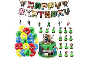 HVIERO 47stk Geburtstagsdeko Jungen Mädchen 2-12 Jahre Miner Gamer Luftballons Geburtstag Deko Set Miner Gamer Geburtstag Tortendeko Happy Birthday Girlande Kuchen Muffin Topper Kindergeburtstag Party Deko