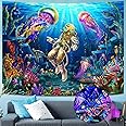YEXIT Blacklight Jellyfish Astronaut Tapestry, Uv Reactive Fantasy Underwater Plante Wall Tapestry for Bedroom Decor (Blue, 44"×60" (112.5×150cm))