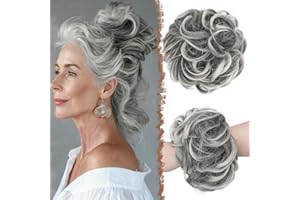 FESHFEN Moños Postizos, Natural Rizado Ondulado Postizo Moño Sintético Extensiones de Cabello Pelo Desordenado Coleta Postiza para Mujer 55g, Gris con mechas Blancas