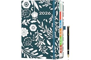HWXBEN Agenda 2026 Format A5 – Une Page par Jour, Année Complète (Janvier à Décembre), Onglets Colorés, Design Floral, Vue Mensuelle et Quotidienne, Couverture Rigide Gris Ardoise Foncé