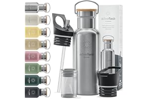 BEMAXX Butelka do picia ze stali nierdzewnej ze słomką, zaparzaczem + 3 pokrywki: bez BPA, szczelna, odpowiednia na dwutlenek węgla - butelka na wodę, termos rowerowy, termos izolowany, bidon sportowy