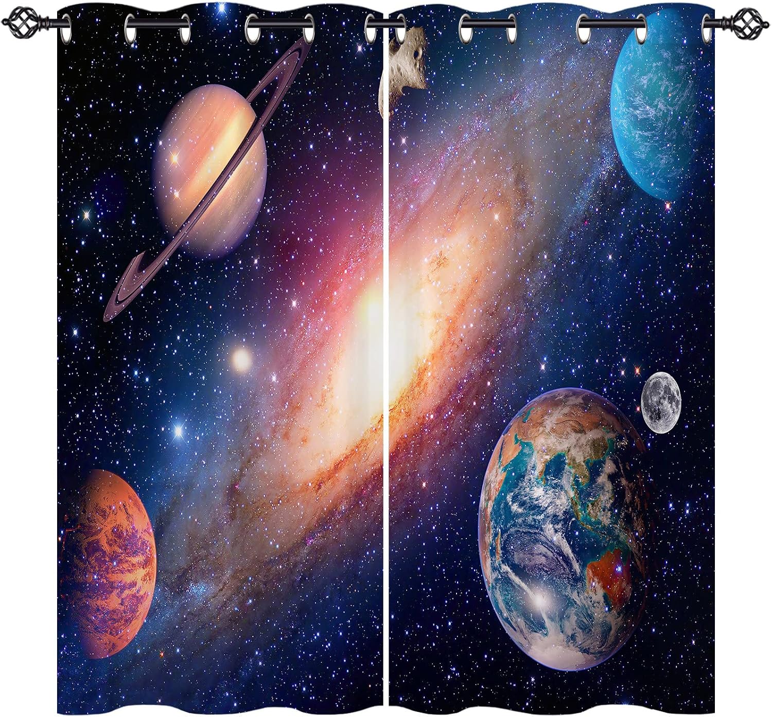 ANHOPE Planet Curtains Eyelet Ring Top Thermal Insulated 80% Blackout Curtains with Space Galaxy Earth Print Pattern Window Drapes for Kids Boys Girls Bedroom Living Room 46 x 54 Inch Drop 2 Panels