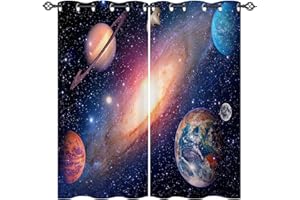 ANHOPE Planet Curtains Eyelet Ring Top Thermal Insulated 80% Blackout Curtains with Space Galaxy Earth Print Pattern Window Drapes for Kids Boys Girls Bedroom Living Room 46 x 54 Inch Drop 2 Panels