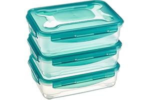 Amazon Basics Contenedores herméticos sellados con Tapa de plástico sin BPE, apilables y Aptos para frigorífico/congelador, para microondas y lavavajillas. Conjunto de 3 Piezas de 1.2 l, traslúcido
