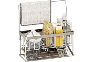 CIMVIDI Organizer do Zlewu, Półka Kuchenna z Tacą Odpływową Wąski Stojak na Gąbki Pojemnik do Zlewu ze Stali Nierdzewnej z Półką z Tkaniny Odpowiedni do Kuchni, Łazienki, Balkonu