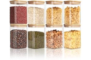 FoiiLiio 500ML Vorratsdosen Glas 8er Set Vorratsgläser mit Deckel Eckig Vorratsglas mit Holzdeckel Luftdicht Vorratsbehälter Set Glas Aufbewahrungsgläser Küche für Gewürze, Nuss, Körner