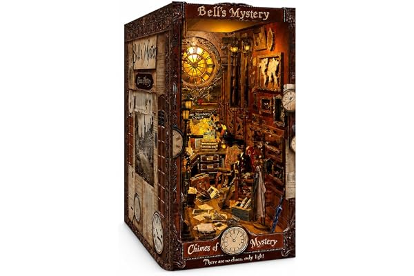 GOOGO Book Nook Kit, 223 stycken gör-det-själv miniatyrhus bok Nook med LED-ljus, 3D-träpussel, bokstöd för bokhylla, dekoration, kreativ present för vuxna från 14 år (klockans hemlighet)