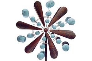 HAFIX Windrad Windtropfen 3D Optik Ø58cm. Windspiel für den Garten aus Metall. Windmühle mit Höhenverstellung dekorativ einzigartiger Blickfänger, wetterfest & UV-beständig blau & Kupfer, H: 182cm.