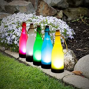 esto24&reg; 5er Set LED Solar Flaschen Licht H&auml;ngeleuchte Laterne 23cm mit Kordel zum h&auml;ngen und Stellen in 5 Farben mit D&auml;mmerungsautomatik f&uuml;r Terrasse, Garten oder Wegbeleuchtung Deko