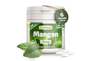 ‎GREENFOOD Mangan Tabletten, hochdosiert, 10mg - 180 Stück, vegan. Mangan Bisglycinat - wichtig für den Aufbau von Bindegewebe, Knorpel & Knochen. OHNE künstliche Zusätze - laborgeprüft. Von Greenfood.